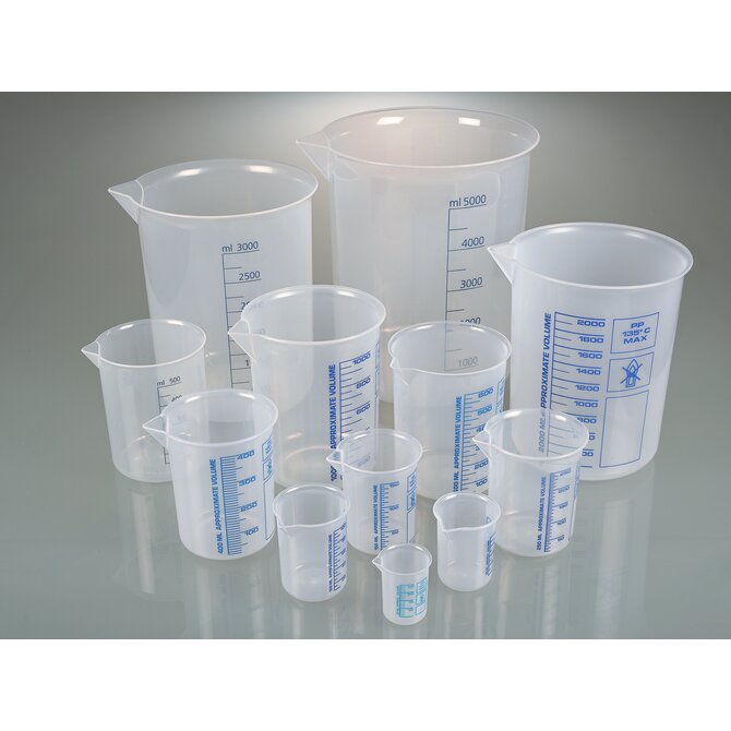 Laborbecher, Griffinbecher PP, blaue Skala