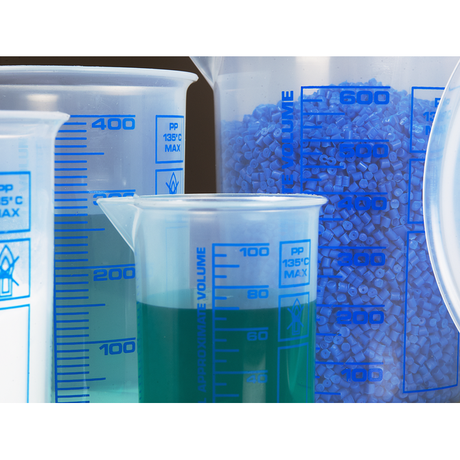 Vasos para laboratorio, vasos Griffin de PP, escala azul