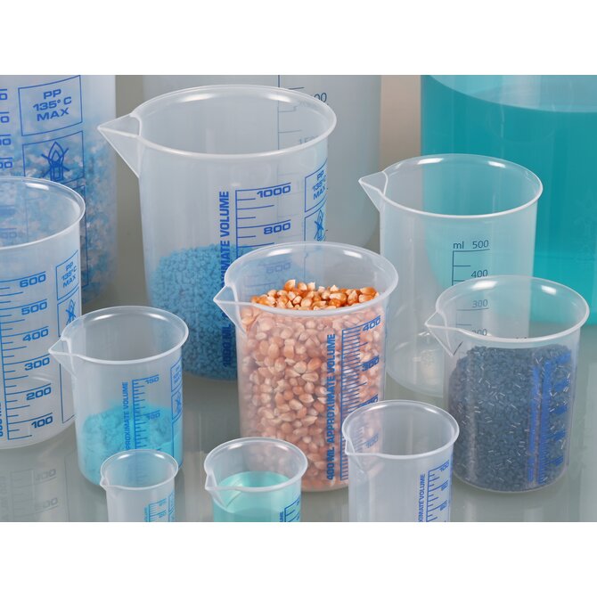 Laborbecher, Griffinbecher PP, blaue Skala