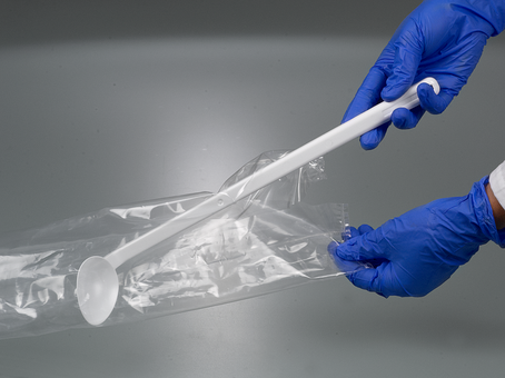 Cuchara de muestreo curvada, mango largo, desechable, estéril