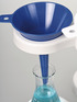 Blue disposable funnel for liquids, use