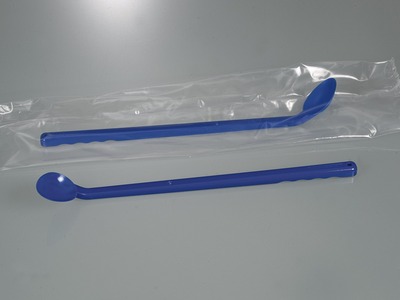 Sampling spoon curved, long handle, blue, packaged and unpackaged