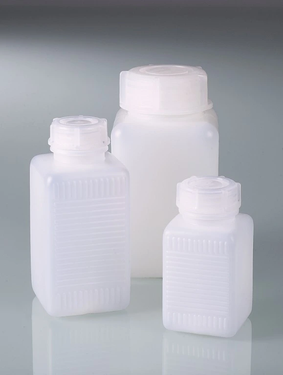 Bottles, wide neck, HDPE, round, sealable, with screw cap and sealing  eyelets